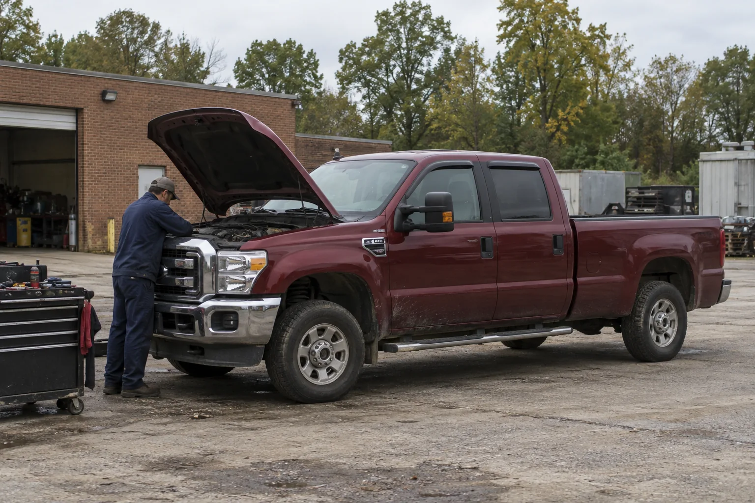 Generated illustration of a mobile mechanic working beside a parked vehicle in a central Mississippi setting
