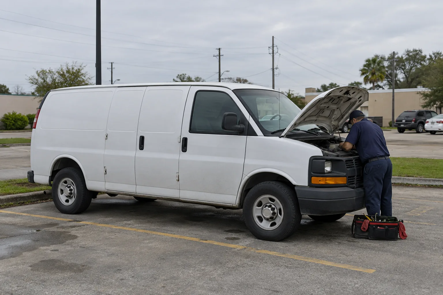 Generated illustration of a mobile mechanic working beside a parked vehicle in a the New Orleans area setting