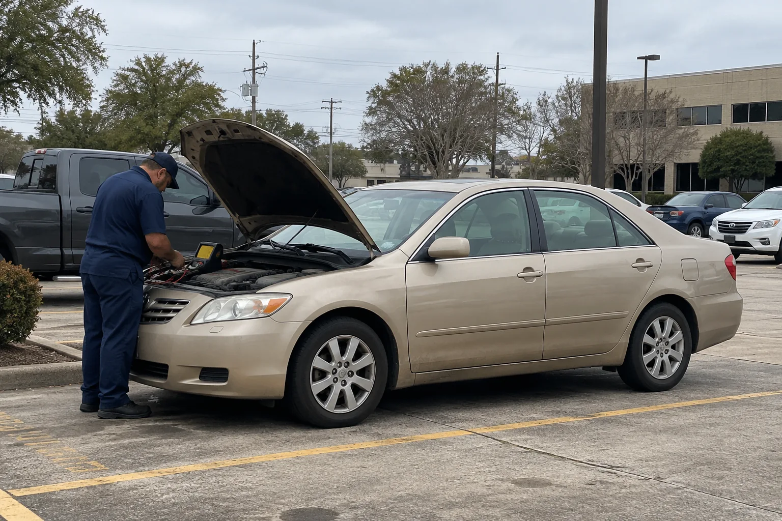 Generated illustration of a mobile mechanic working beside a parked vehicle in a Jefferson Parish setting