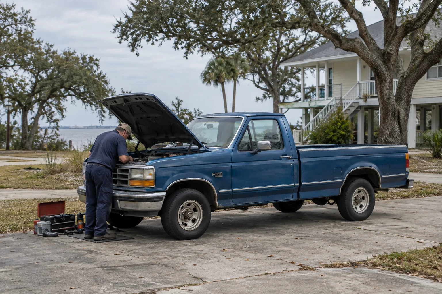 Generated illustration of a mobile mechanic working beside a parked vehicle in a the Mississippi Gulf Coast setting