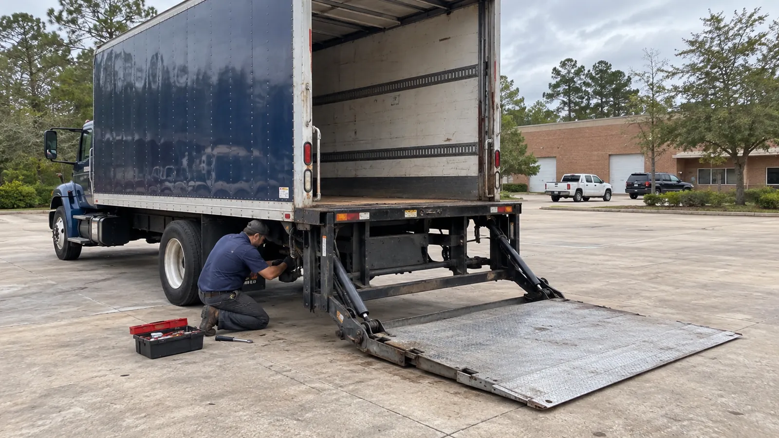 Illustration of mobile liftgate and hydraulic repair in a Louisiana mobile-service setting